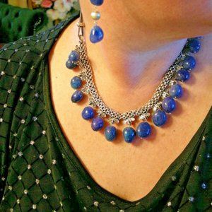 Onyx Beaded Gemstone Necklace & Earring Set Silver Jewelry Necklace Gift for Her